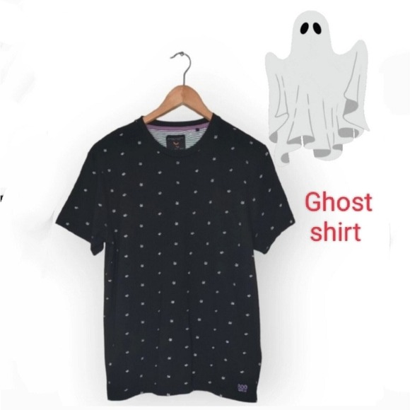 Halloween Black Polo Shirt White Ghosts BOO Crew Men's Large Denim & Flower - Picture 1 of 12
